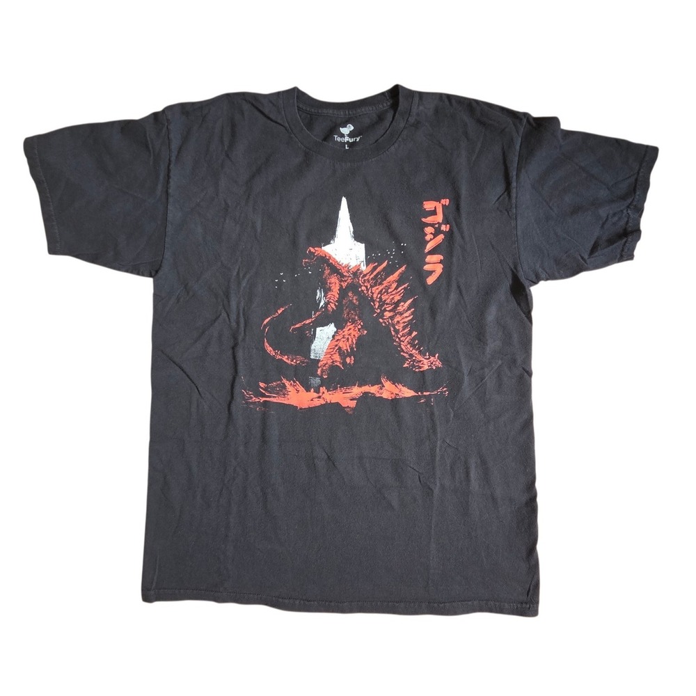 Teefury Godzilla Japanese Kanji Red Silhouette Black T-Shirt Size Large